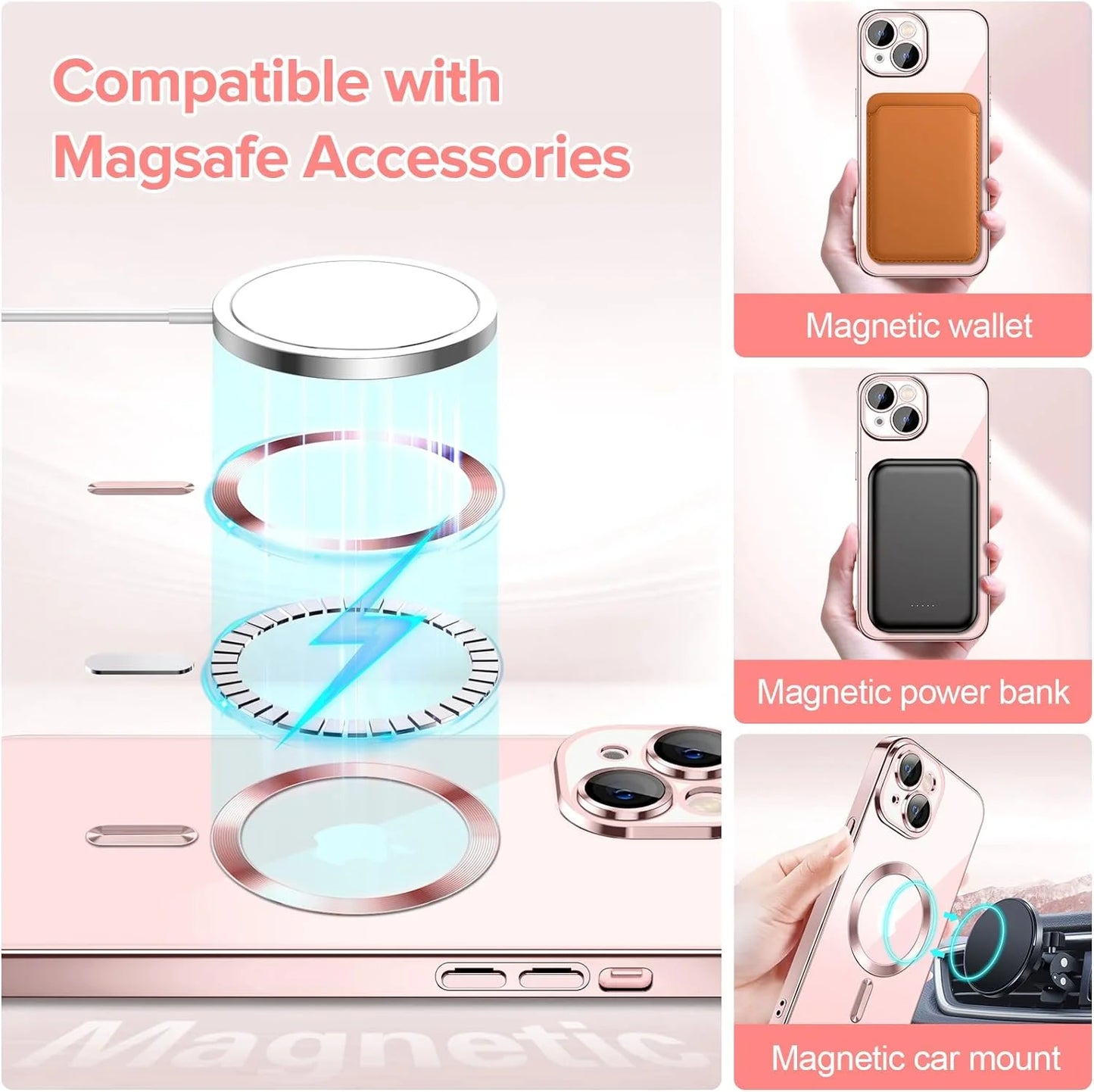 Transparent magnetic phone case for iPhone 15 by X With Love, slim fit, shockproof, yellow resistant, crystal clear, rose color.