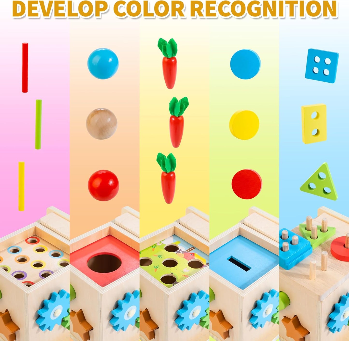 Wooden Montessori Baby Toys, 8-In-1 Wooden Play Kit Includes Object Permanent Box, Coin Box, Carrot Harvest, Shape Sorting & Stacking - Birthday Gift for Boys Girls Toddlers