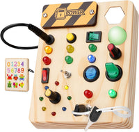 Wooden Montessori busy board toy with LED light switch for toddlers, educational sensory activity for 1-3 year old boys and girls.
