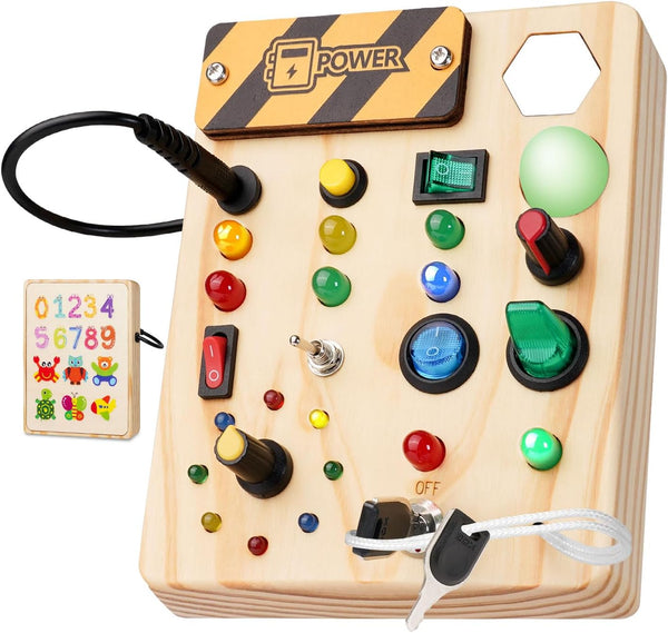 Wooden Montessori busy board toy with LED light switch for toddlers, educational sensory activity for 1-3 year old boys and girls.