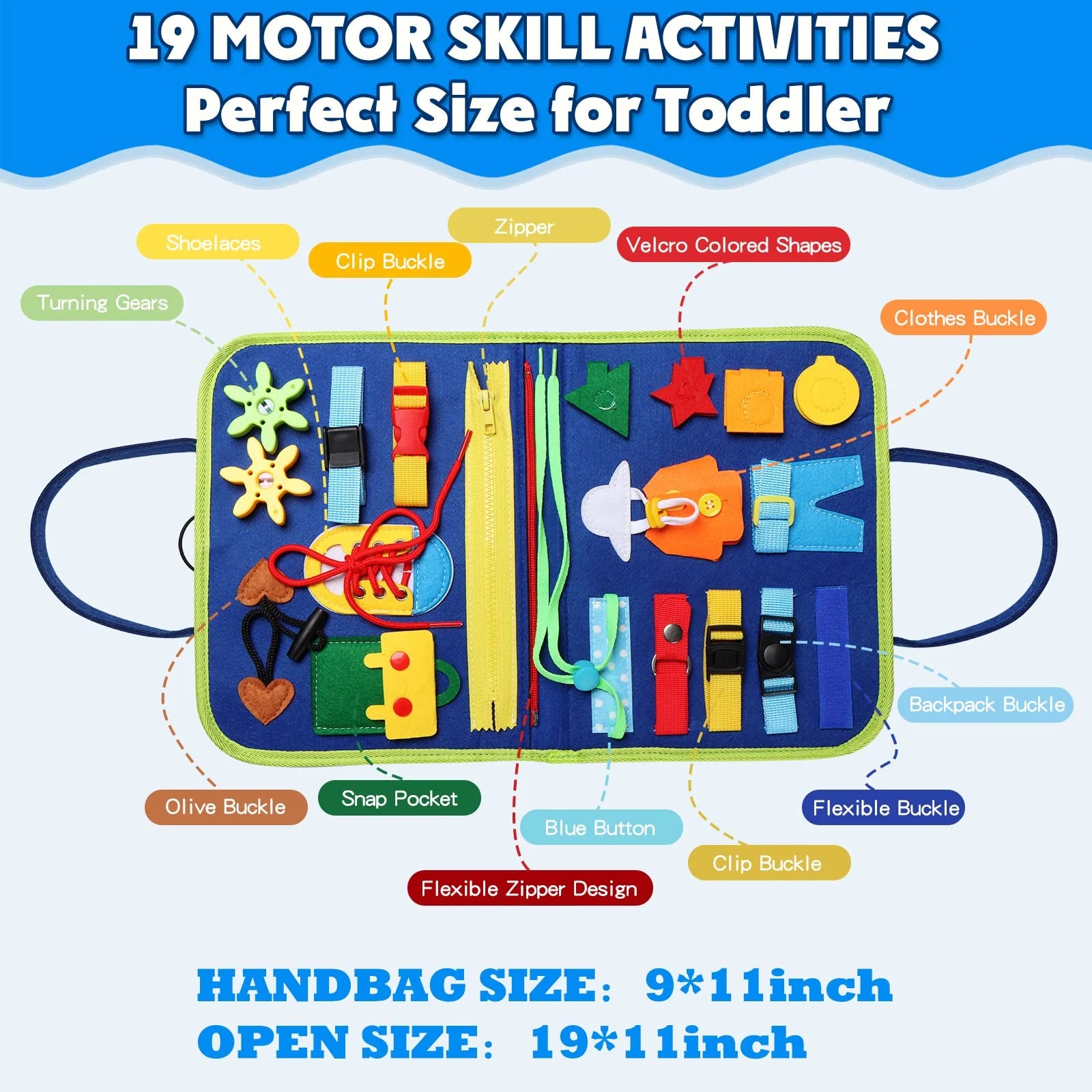 Busy Board Montessori Toy for Toddlers, Educational Activity Developing Sensory Board for Fine Basic Dress Motor Skills - Travel Toys for Plane Car, Gift for Boys Girls 1 2 3 4 Year Old
