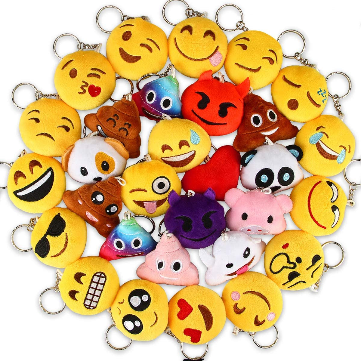 Set of 30 colorful 2-inch emoticon plush keychains, perfect as party favors, Easter egg fillers, or kids' treasure box toys.