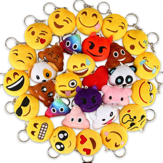 Set of 30 colorful 2-inch emoticon plush keychains, perfect as party favors, Easter egg fillers, or kids' treasure box toys.
