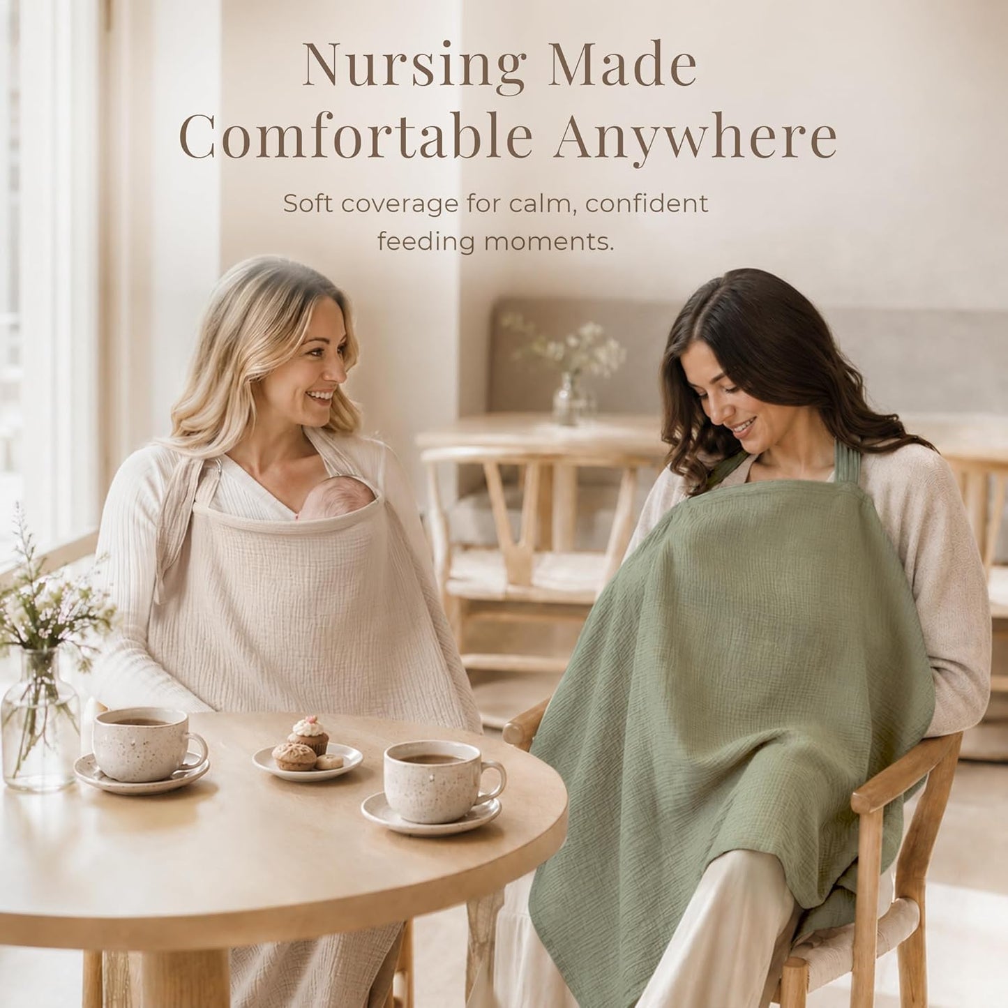 Breathable summer wheat muslin nursing cover by X With Love, with rigid hoop for easy breastfeeding and carseat coverage.
