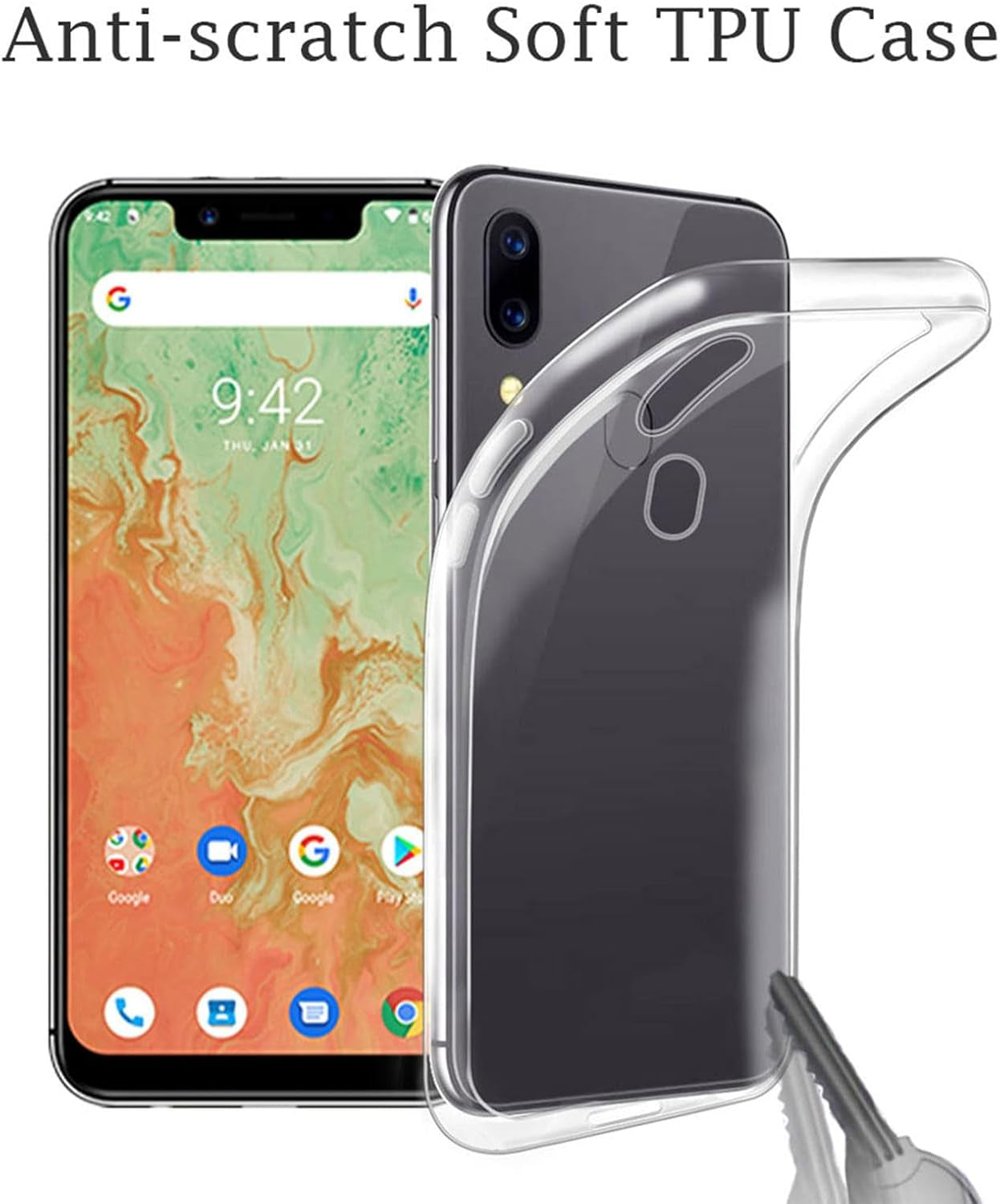 Clear shockproof silicone bumper case for Doogee N55 Pro, flexible TPU cover with transparent soft rubber protective shell.