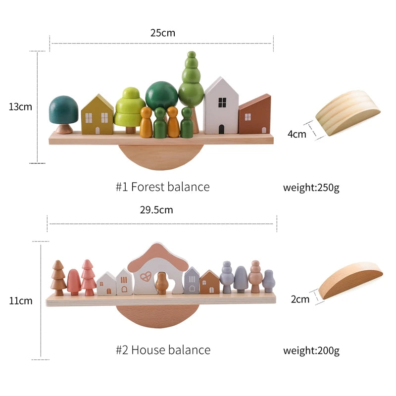 Wooden Montessori sensory stacking toys featuring forest house replicas, designed for early childhood education and baby development.