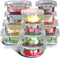 Set of 24 sage green glass storage containers with lids, ideal for kitchen, pantry, meal prep, oven, microwave, and dishwasher safe.
