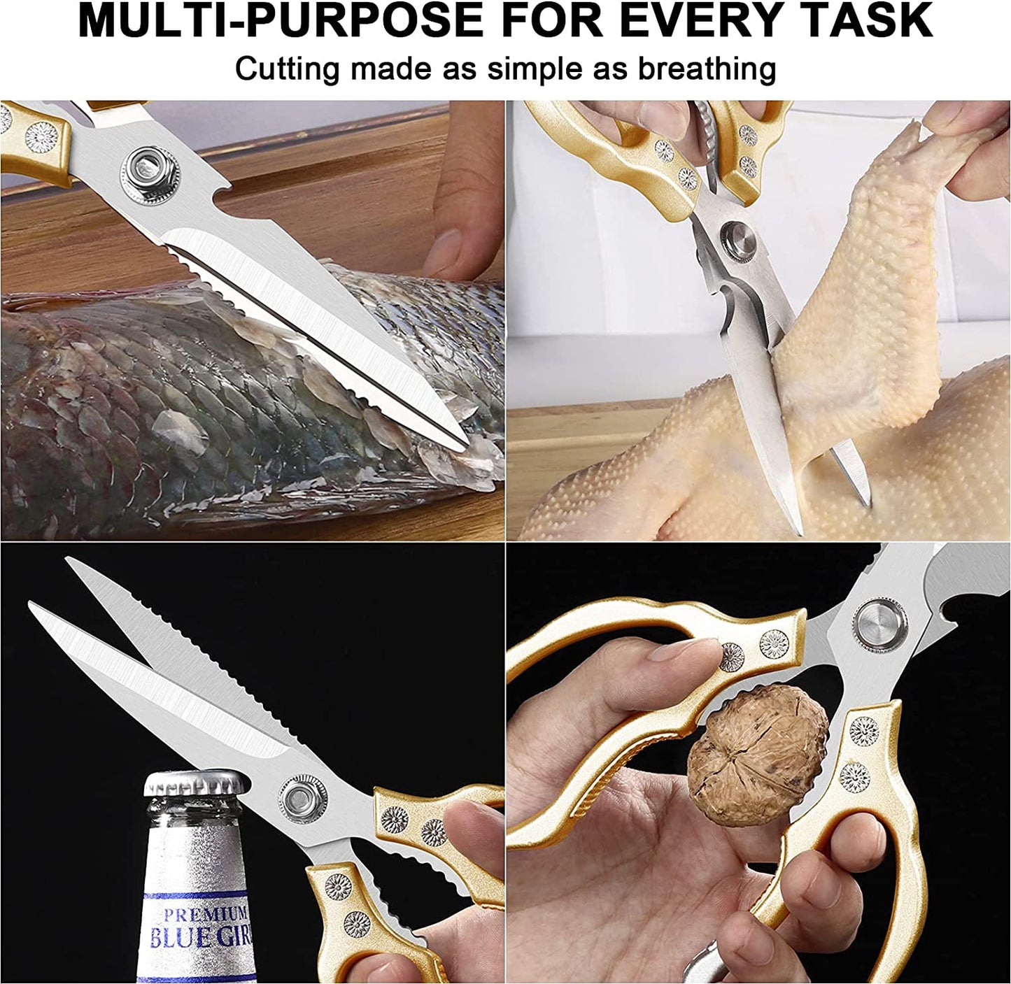 All-purpose heavy-duty stainless steel kitchen scissors with gold handles, dishwasher safe, ideal for poultry, fish, meat, and herbs.