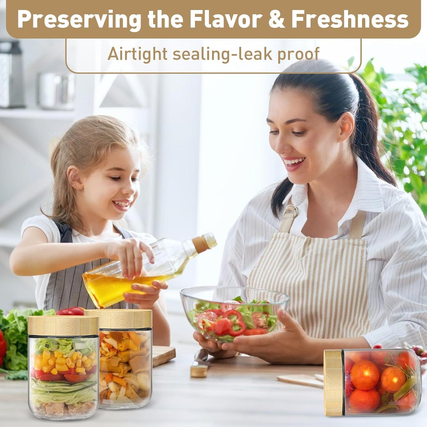 Set of four 16oz glass overnight oats jars with bamboo lids, wide mouth Mason-style containers for meal prep and food storage.