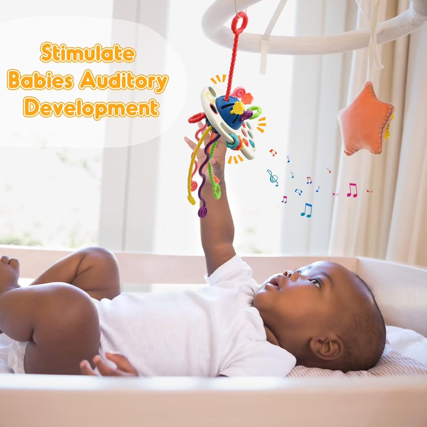 Colorful Baby Sensory Toy by X With Love for infants 0-18 months, featuring pull string activity and many textures to develop fine motor skills.