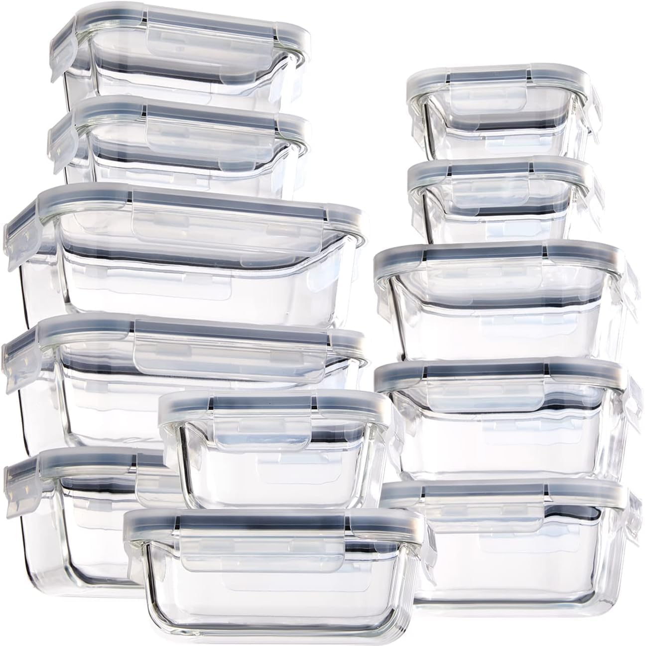 Set of 24 gray glass food storage containers with lids, BPA free, leak-proof, ideal for meal prep and pantry organization.