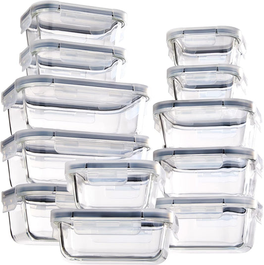 Set of 24 gray glass food storage containers with lids, BPA free, leak-proof, ideal for meal prep and pantry organization.