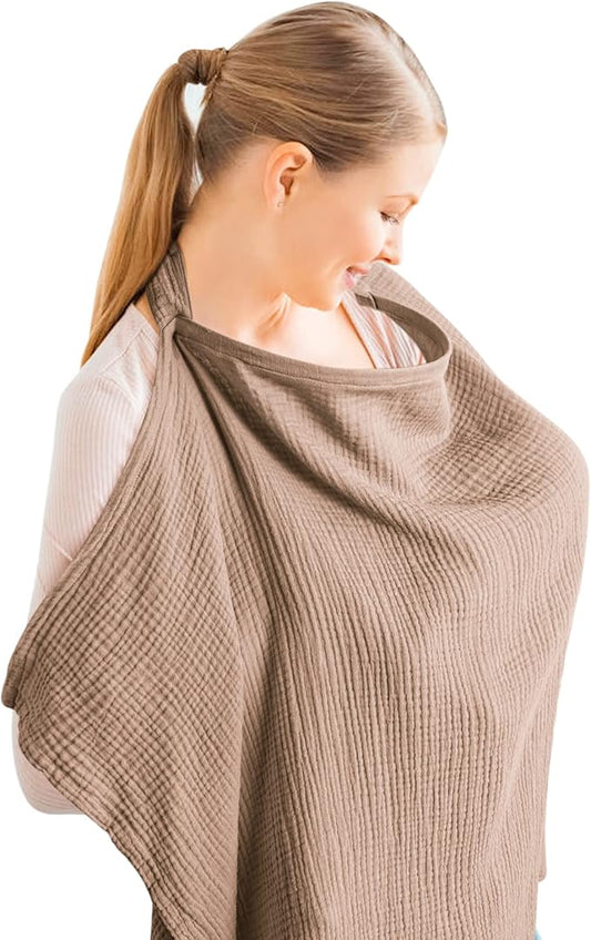Brown X With Love muslin nursing cover with rigid hoop for breastfeeding, breathable 100% cotton, multi-use carseat canopy