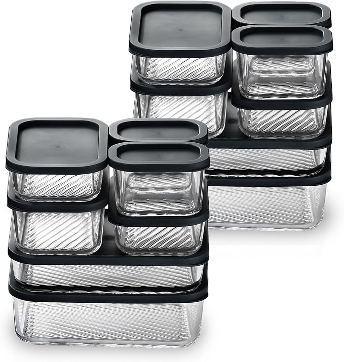 Set of 14 glass meal prep containers with lids, stackable, BPA-free, microwave, dishwasher, freezer, and oven safe for lunch and storage