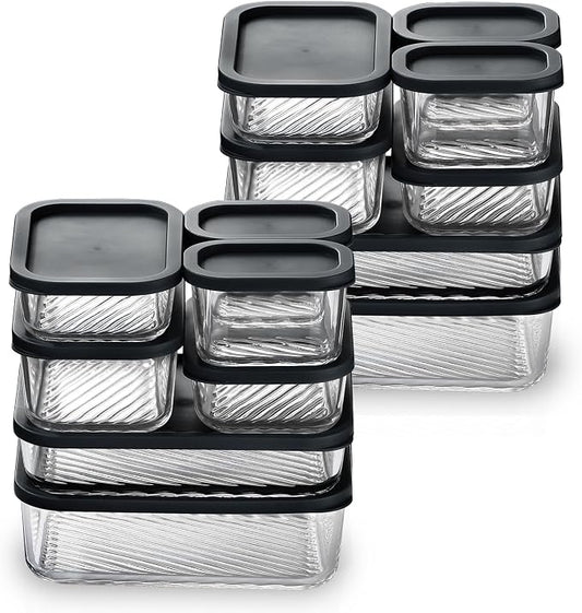 Set of 14 glass meal prep containers with lids, stackable, BPA-free, microwave, dishwasher, freezer, and oven safe for lunch and storage