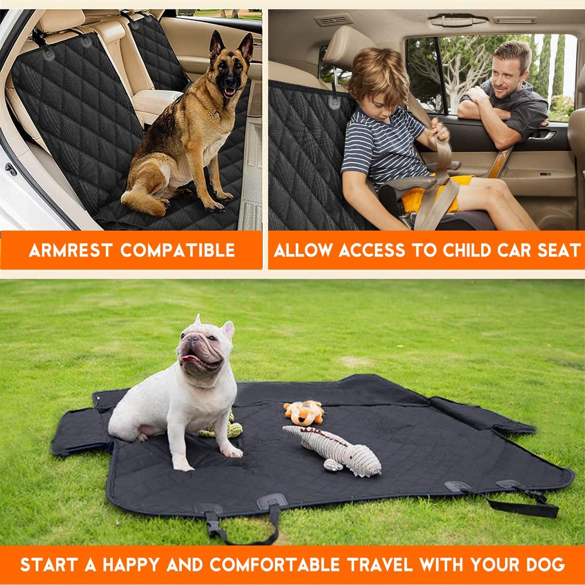 Black dog car seat cover for back seats, waterproof and non-slip, fits cars, SUVs, trucks, with armrest protection.