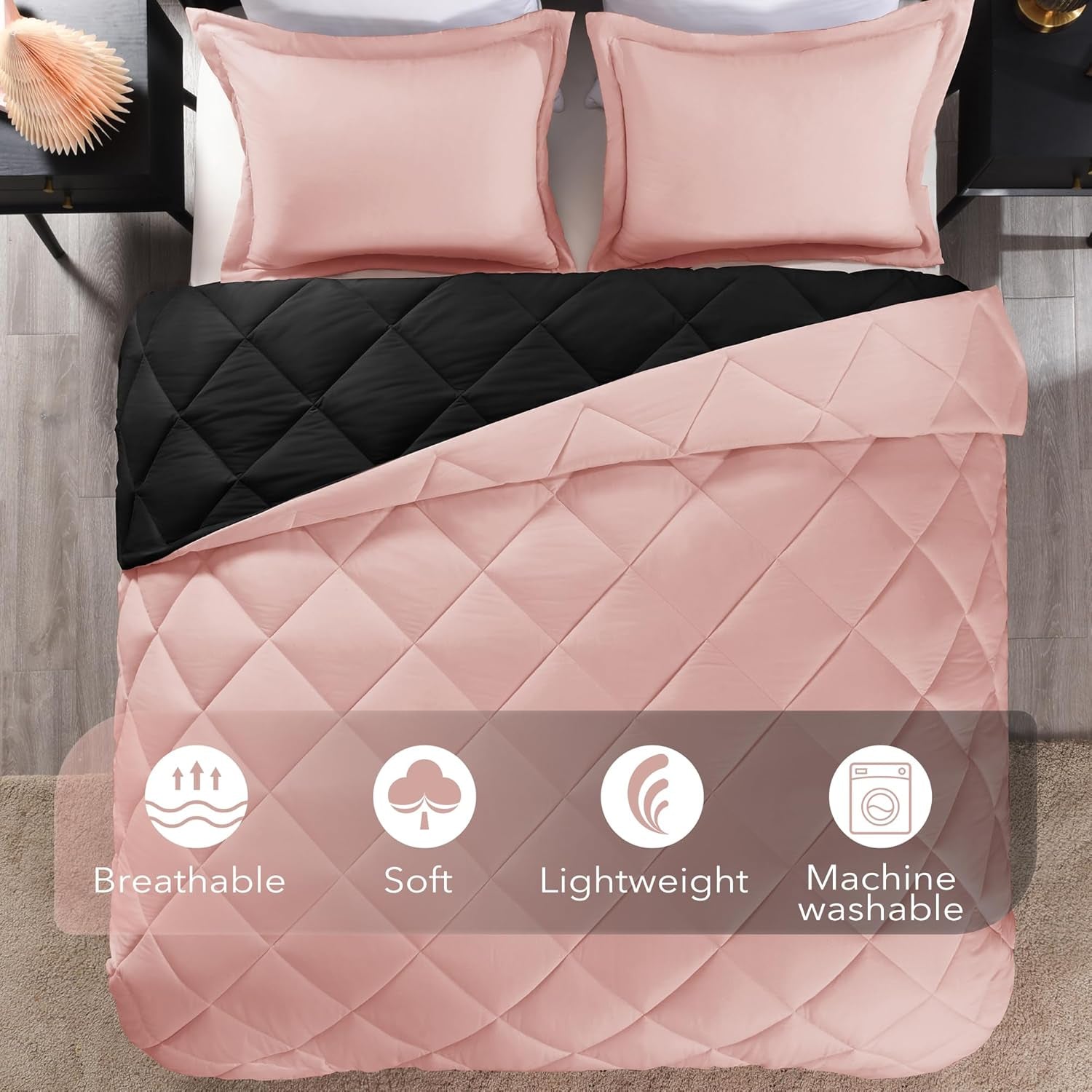 Pink and black twin comforter set with matching pillow sham, soft all-season bedding, 66x92 inch comforter and 20x26 pillow sham