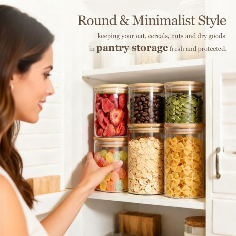 Set of six X With Love glass storage containers with lids, stackable pantry jars for dry food, snacks, nuts, and kitchen organization.
