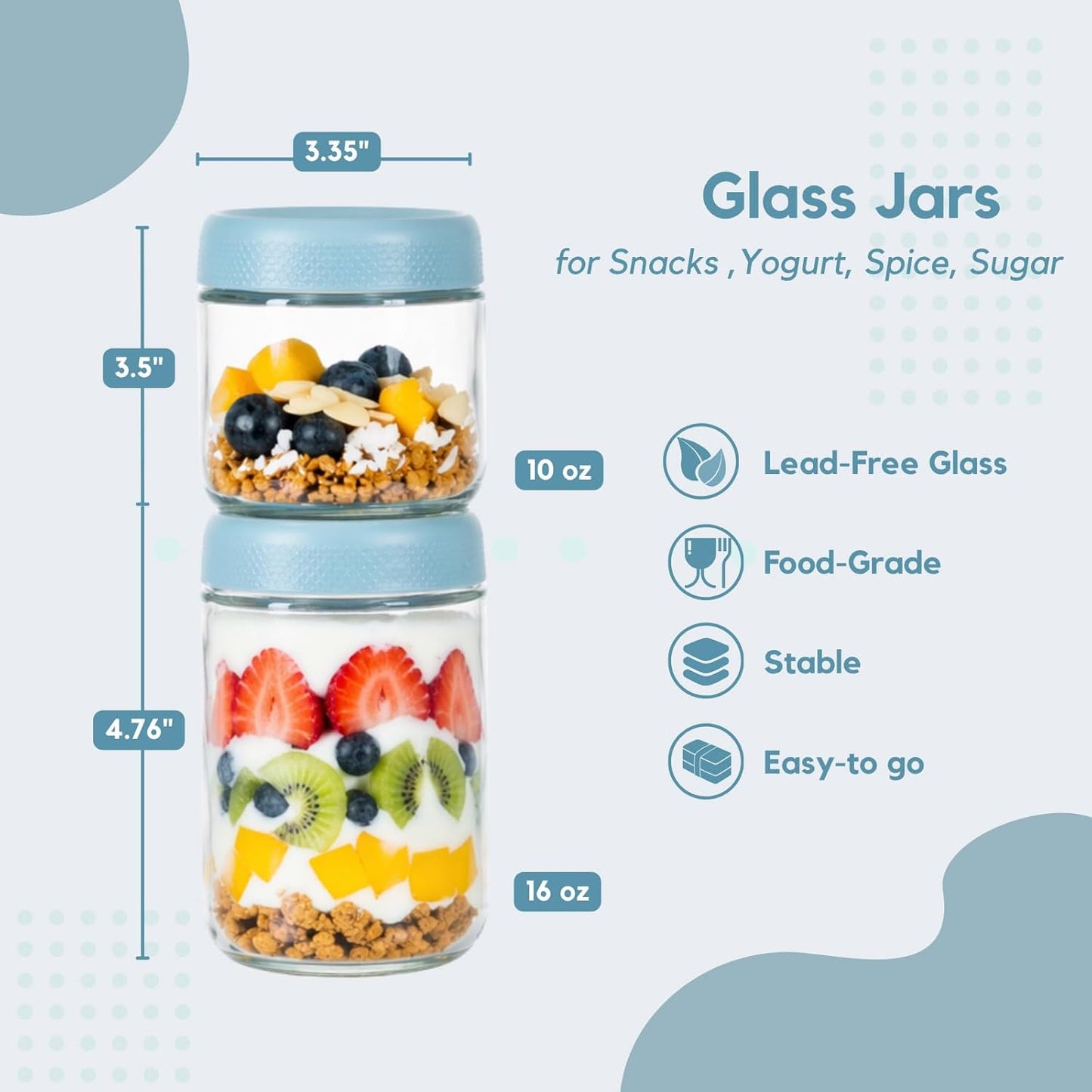 Eight stackable glass overnight oats containers with airtight lids, wide mouth jars for meal prep, snacks, and chia seed pudding.