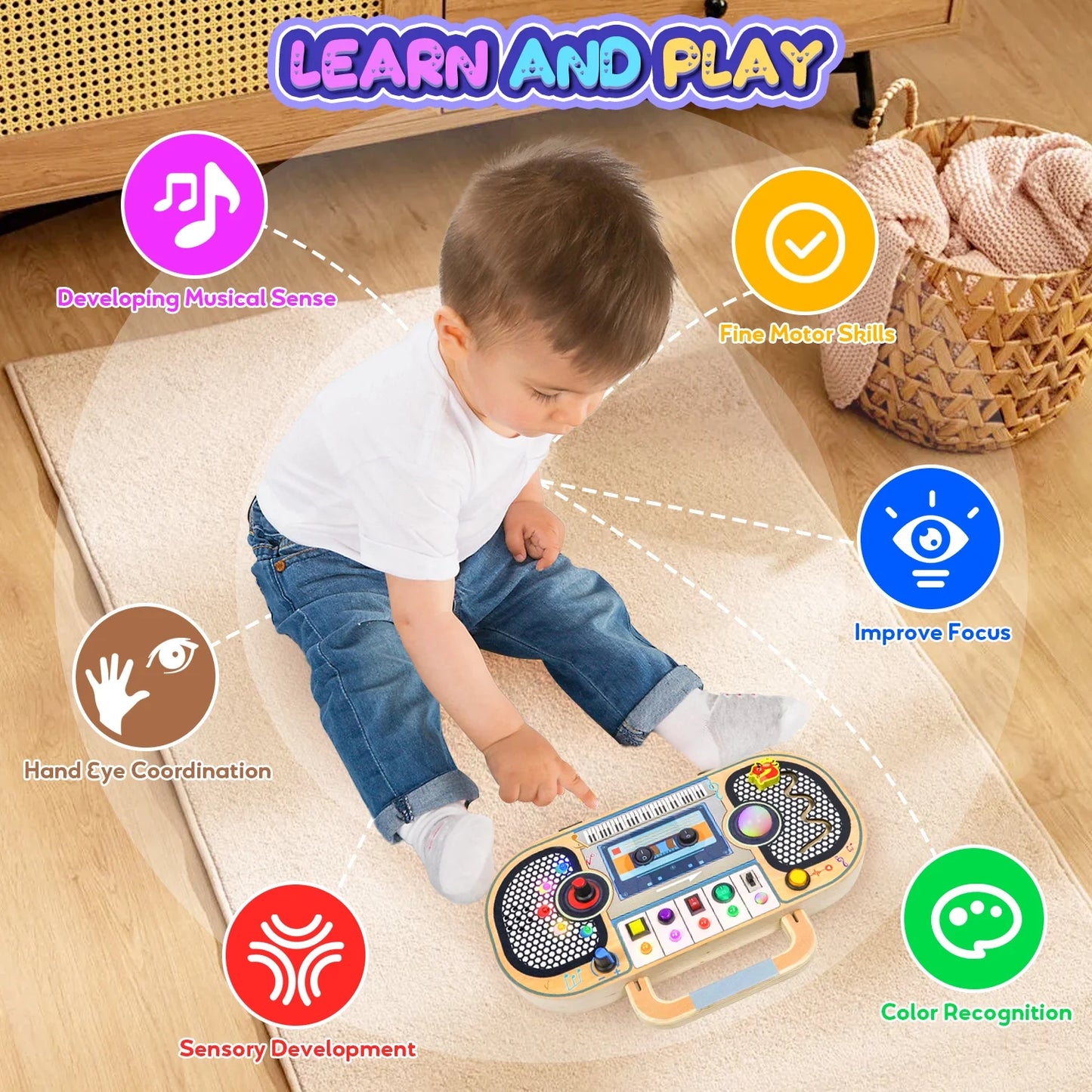 Montessori wooden busy board for toddlers with LED light, sensory switches, music labyrinth, volume control, and DIY stickers for ages 1-4.