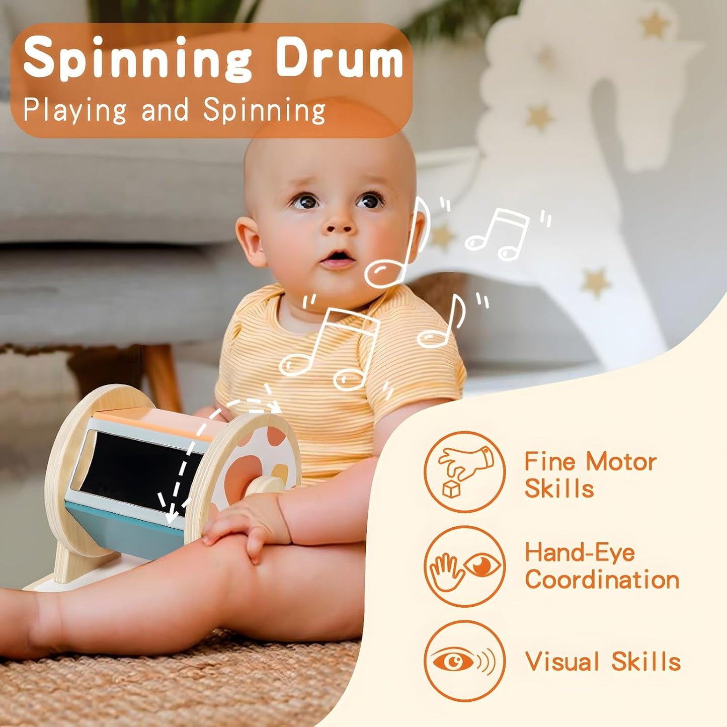 Montessori baby toys for 6-12 months including a spinning drum, tissue box, peekaboo puzzle, and educational play kit by X With Love.