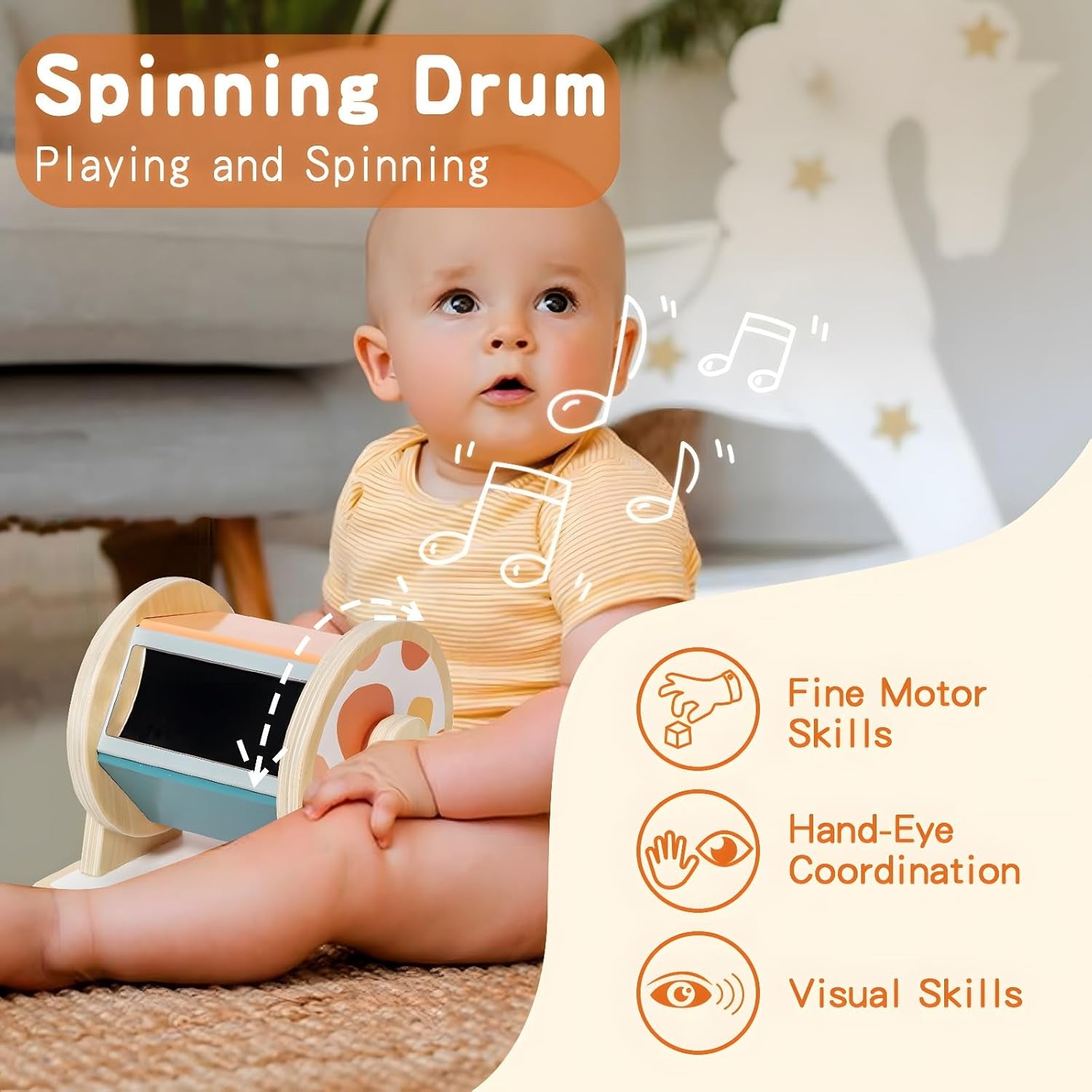 Montessori baby toys for 6-12 months including a spinning drum, tissue box, peekaboo puzzle, and educational play kit by X With Love.