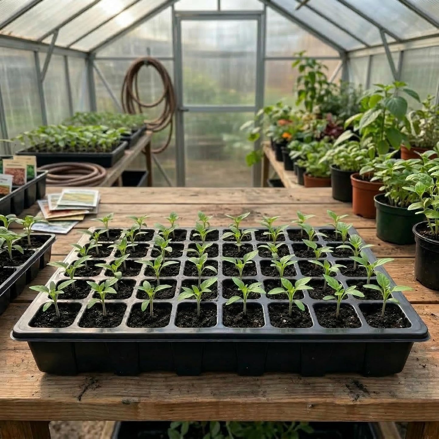 Durable 5-set seed starter tray kits with humidity domes and bases, ideal for indoor gardening and seed germination.