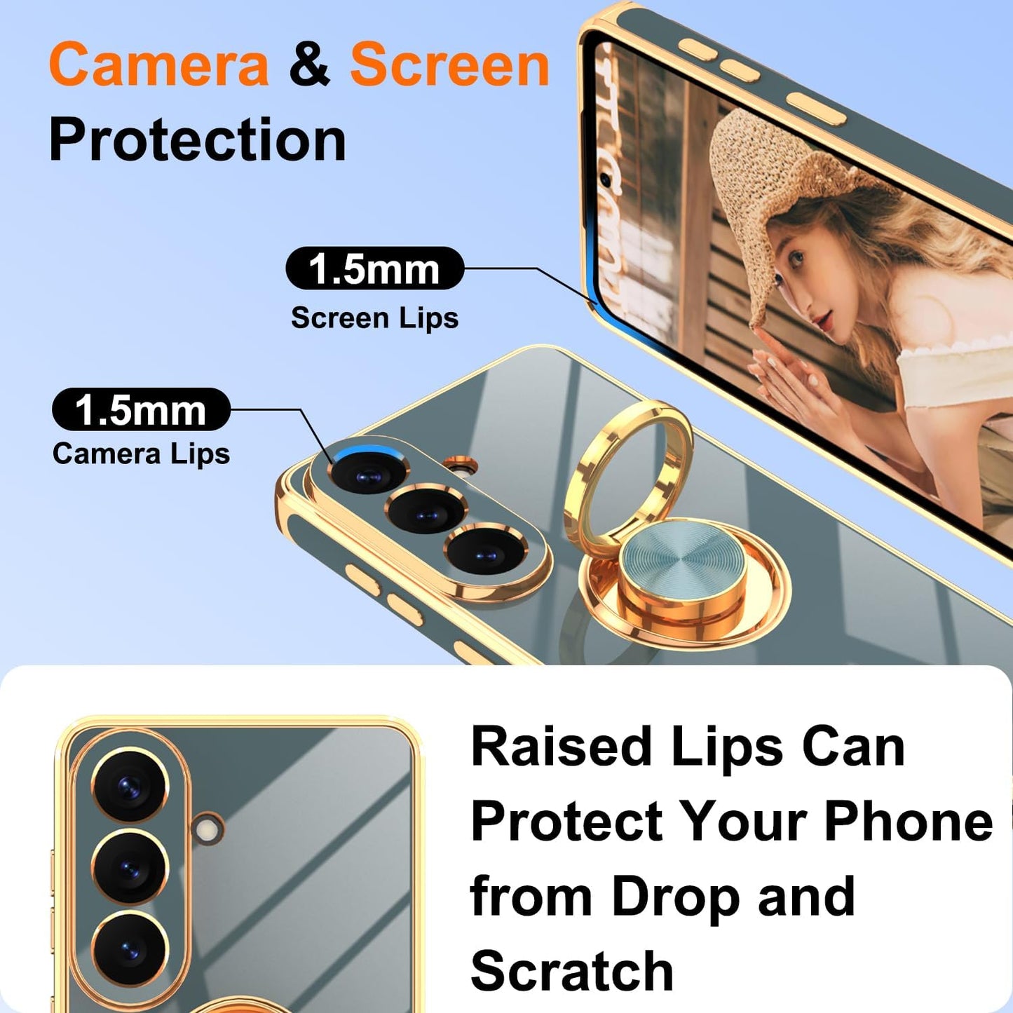 Gray Samsung Galaxy S26 case with gold-edged soft TPU, 360° rotation ring holder, magnetic kickstand, and dual screen protectors.