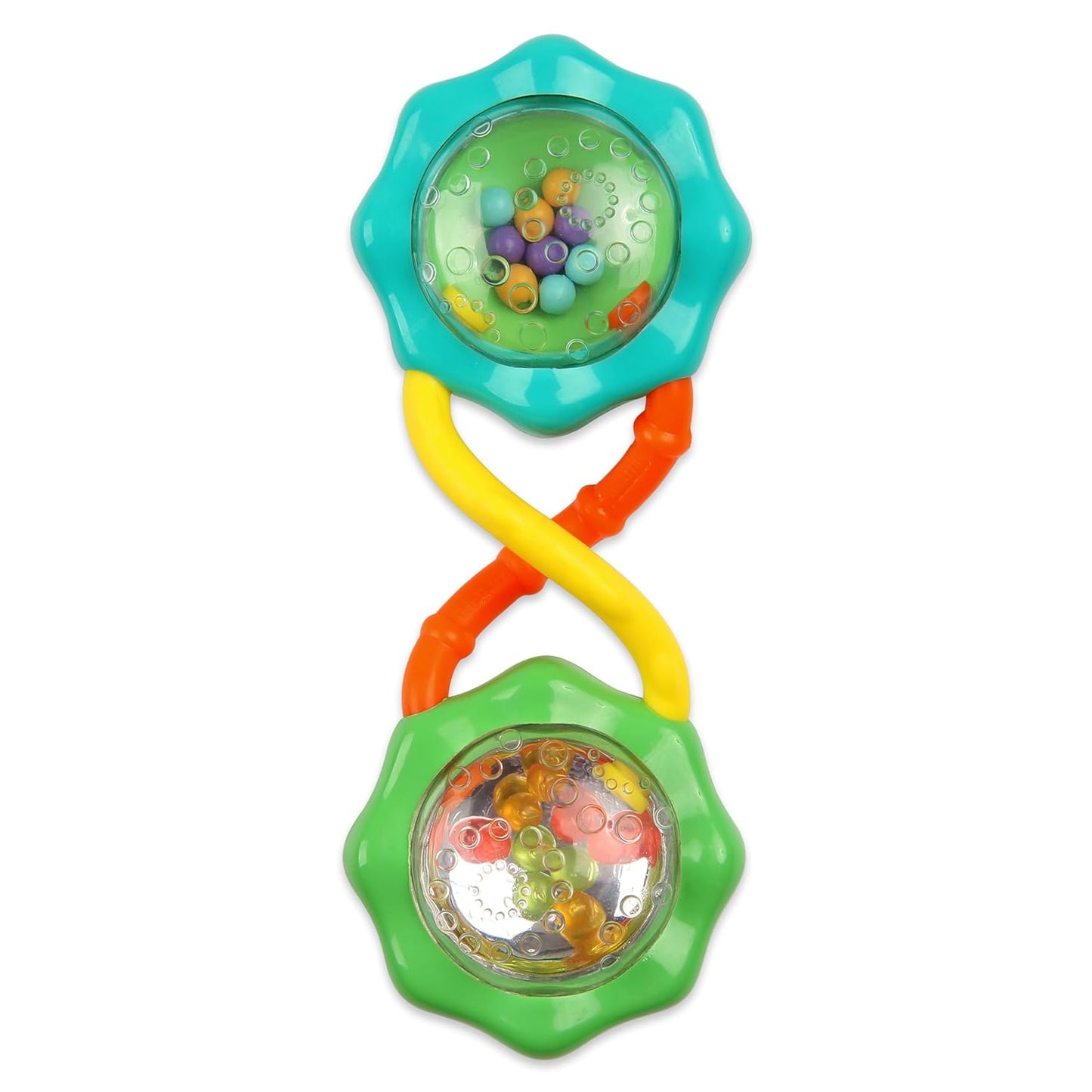 Green Rattle & Shake Barbell toy for babies ages 3 months and up, featuring colorful handles and lightweight design.