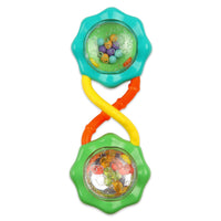 Green Rattle & Shake Barbell toy for babies ages 3 months and up, featuring colorful handles and lightweight design.
