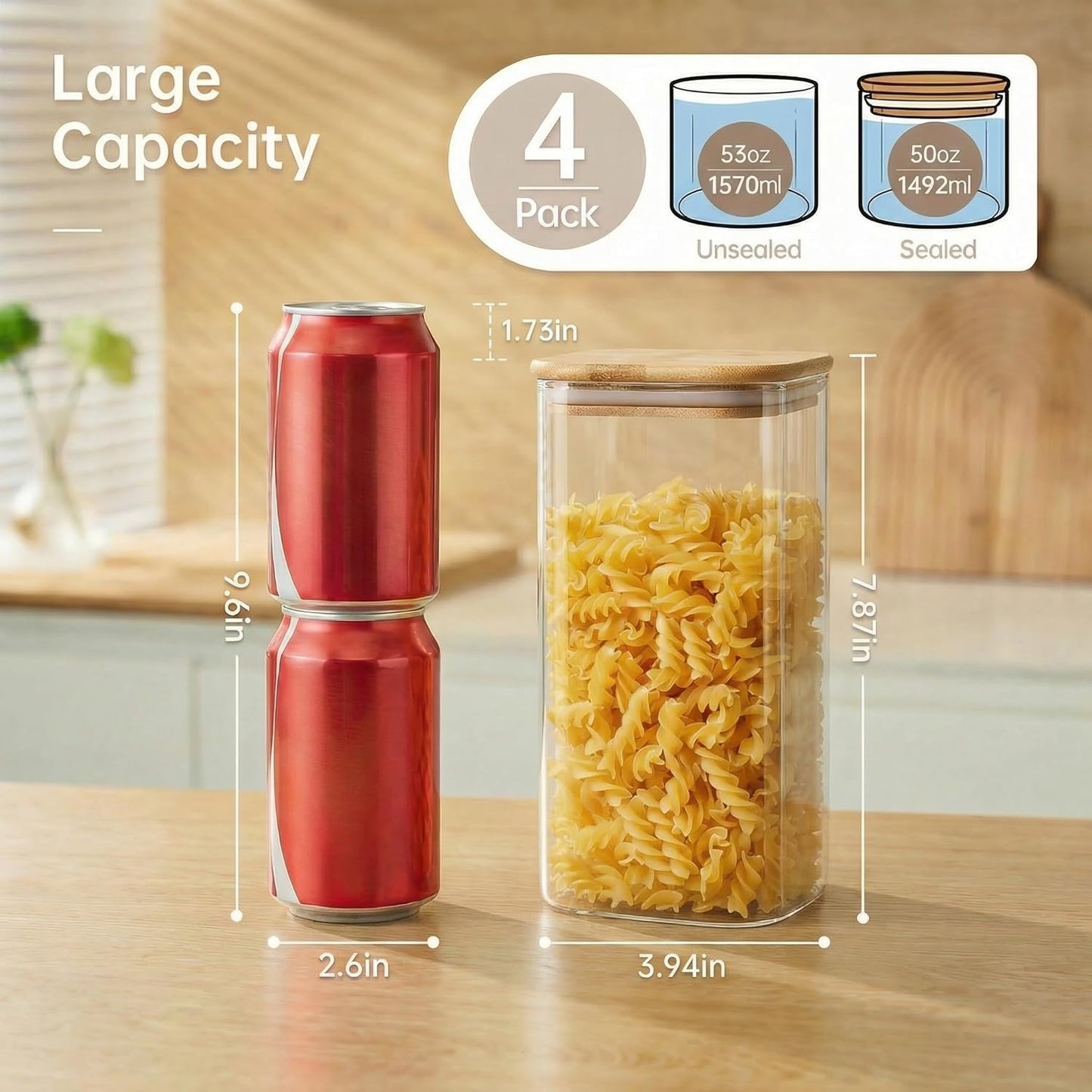 Set of four square glass jars with bamboo lids, ideal for kitchen storage of pasta, cereal, coffee, flour, and sugar.