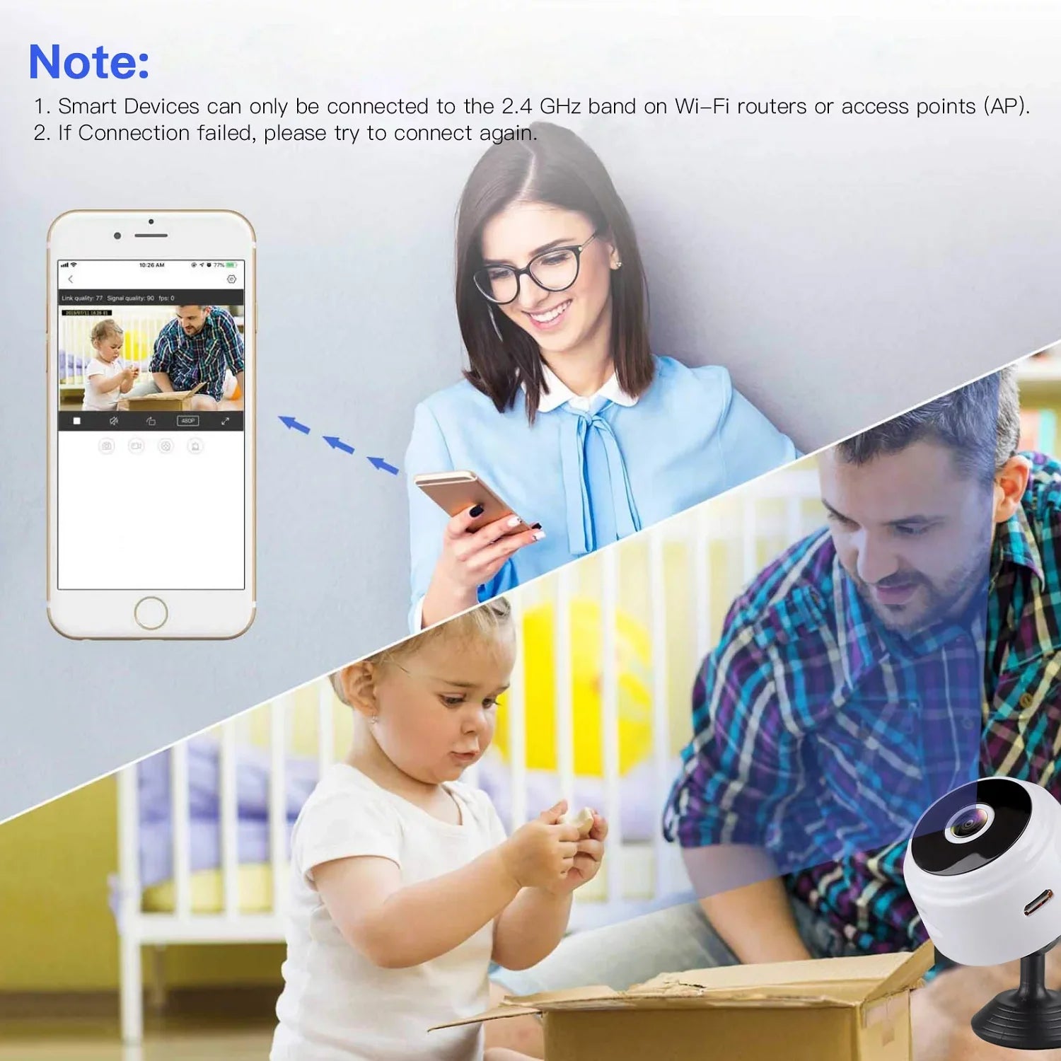 Mini wireless security camera by X With Love, Full HD 720P nanny cam with night vision, motion detection, for home, car, or outdoor use.
