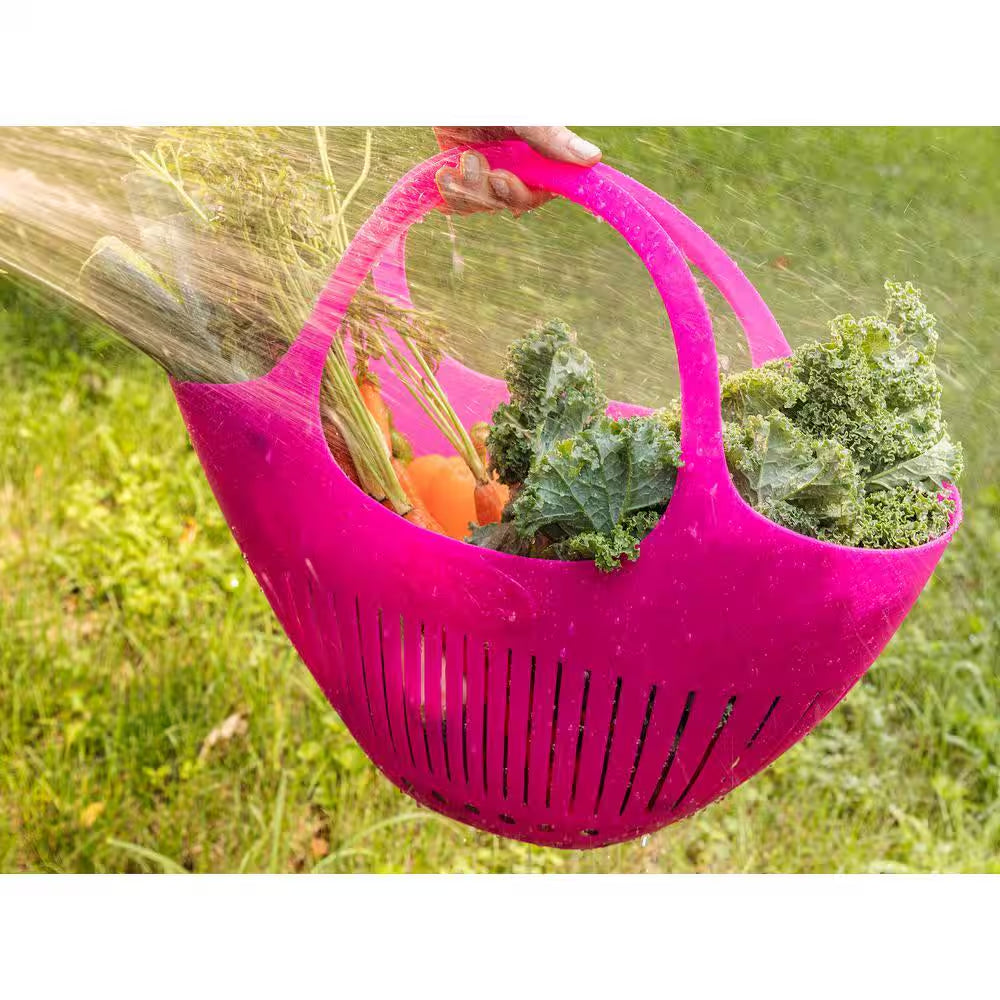 Pink garden colander harvest basket by X With Love, featuring a sturdy metal frame and perforated design for gathering fresh produce.