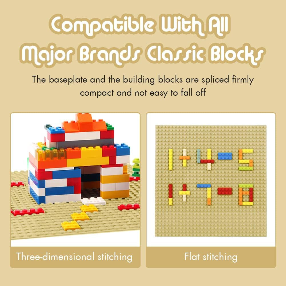 Six 10x10 inch classic building baseplates for kids, compatible with major brands, sturdy and safe for ages 3 and up, sand color.