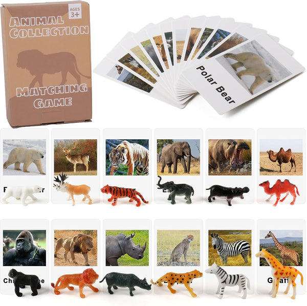 Set of miniature forest animal figurines with matching cards for Montessori learning, featuring fox, owl, and squirrel by X With Love.