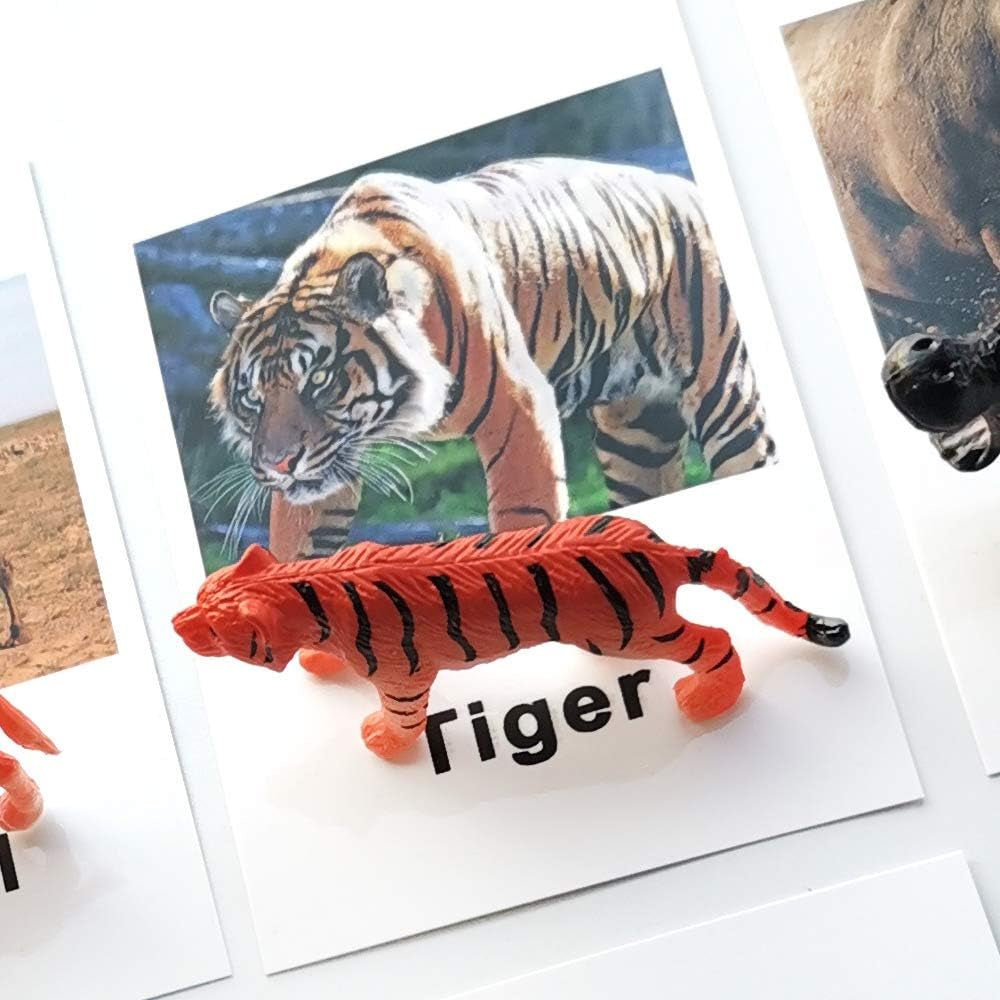 Set of miniature forest animal figurines from X With Love, including matching cards for Montessori preschool learning activities.