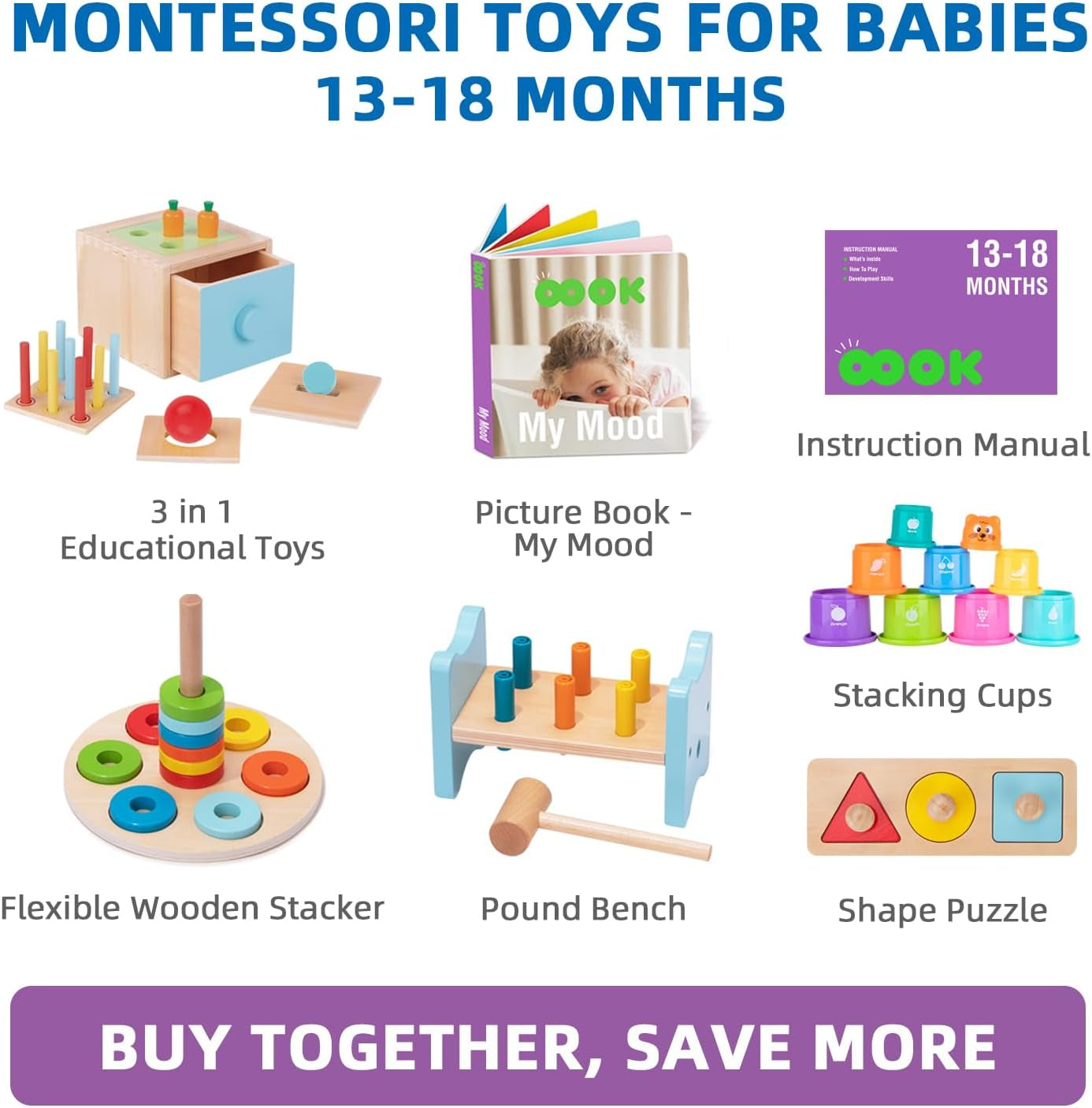Montessori Toys for 1 Year Old, 8 in 1 Learning Educational Set Wooden Toys (Includes Stacking Cups, 3-In-1 Educational Box, Pound Bench, Shape Puzzle and More)