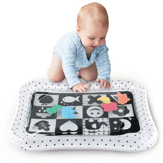 Montessori water play mat for babies by X With Love, featuring colorful floating toys and soft, clear plastic surface for sensory fun.