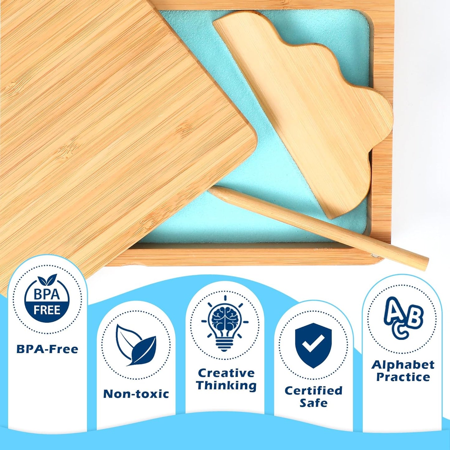 Blue wooden Montessori sand tray with lid, ideal for kids to practice writing letters and numbers in preschool and kindergarten.