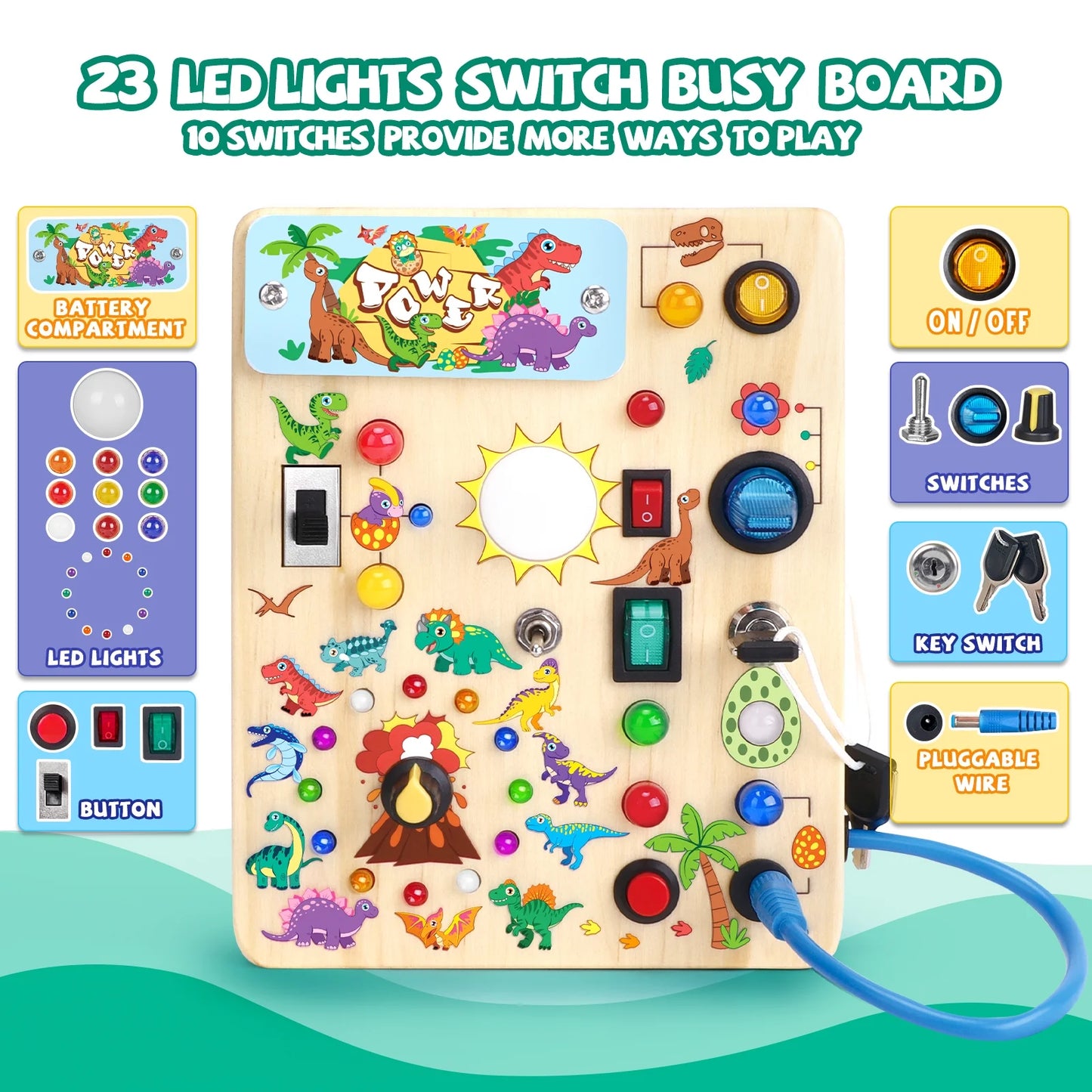 Wooden dinosaur busy board game for toddlers, Montessori travel toy for 1+ year old children, designed by X With Love.