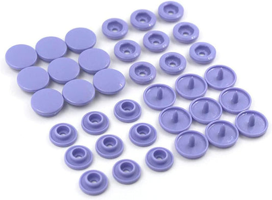 20 sets of X With Love T5 resin plastic snap buttons in light purple for clothing DIY projects, showing assembled snap fasteners.