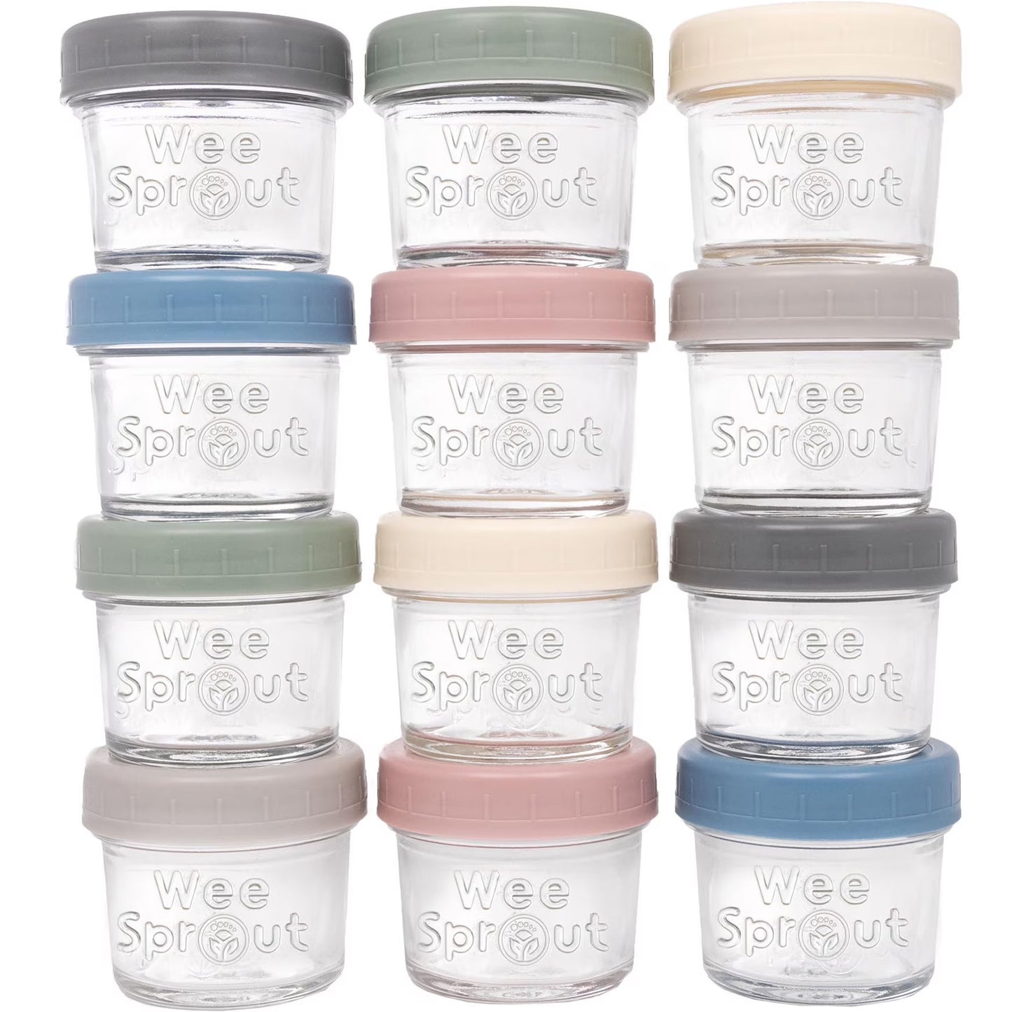 Set of 12 glass baby food storage jars with lids, 4 oz capacity, by X With Love, ideal for storing homemade baby purees.