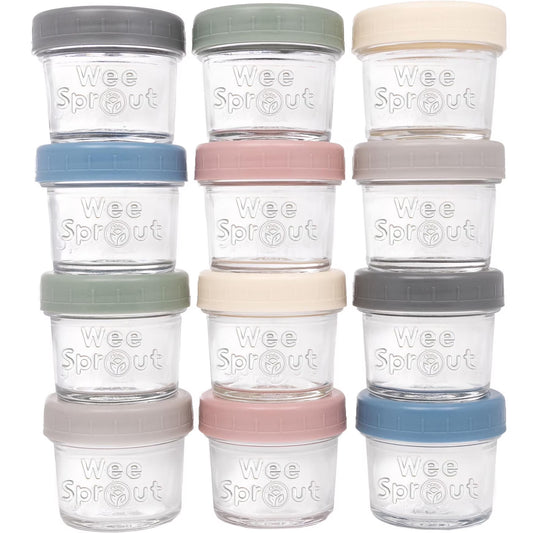 Set of 12 glass baby food storage jars with lids, 4 oz capacity, by X With Love, ideal for storing homemade baby purees.