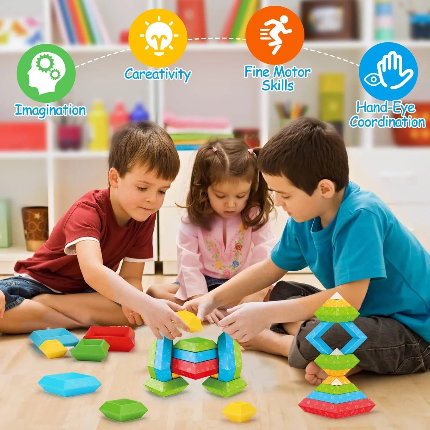 Colorful toddler stacking building blocks from X With Love, featuring 30 pieces for educational Montessori play and sensory development.