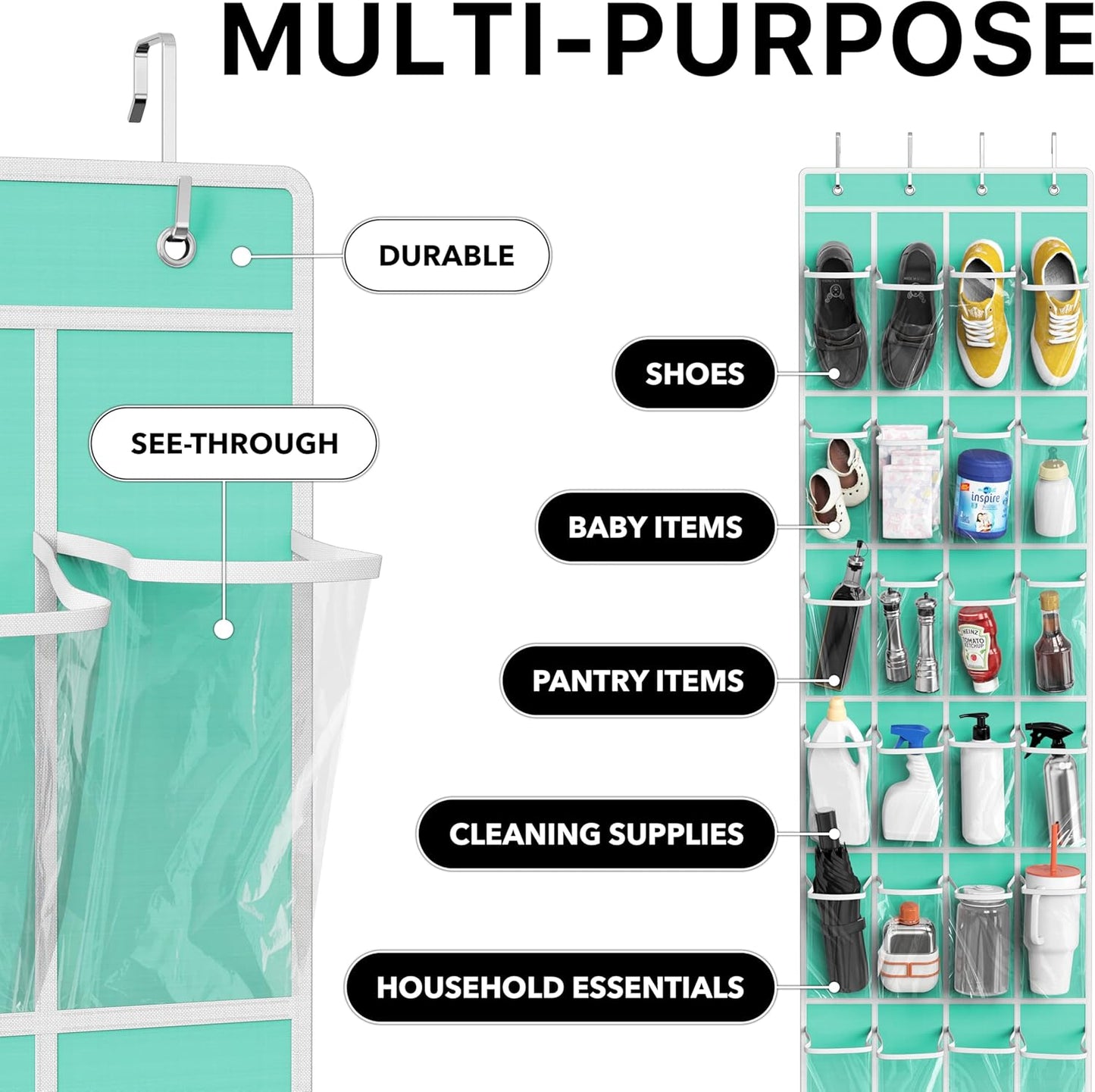 Crystal clear over-the-door shoe organizer with 24 pockets in turquoise, measuring 64 by 19 inches, hanging on a door.