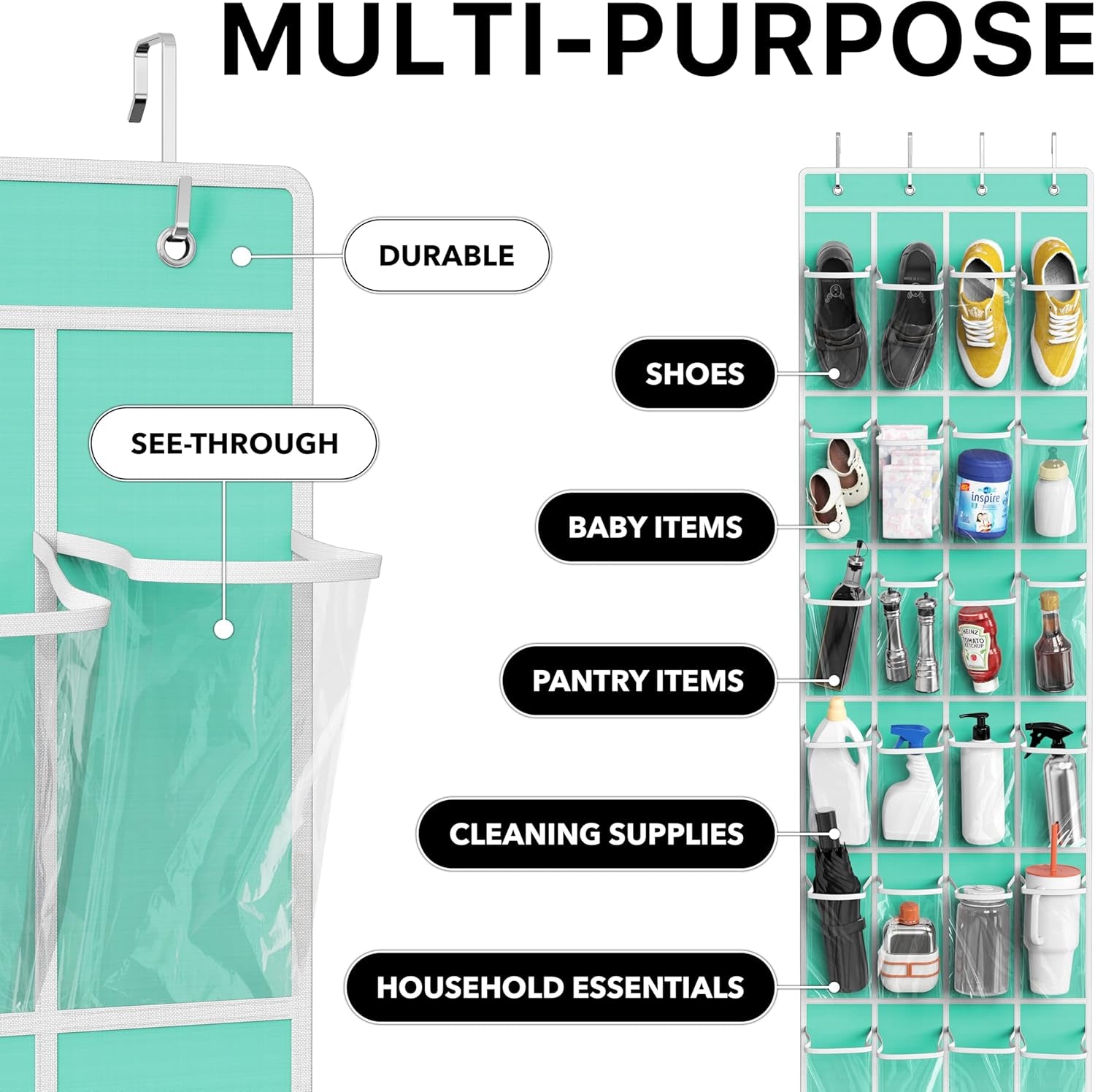 Crystal clear over-the-door shoe organizer with 24 pockets in turquoise, measuring 64 by 19 inches, hanging on a door.