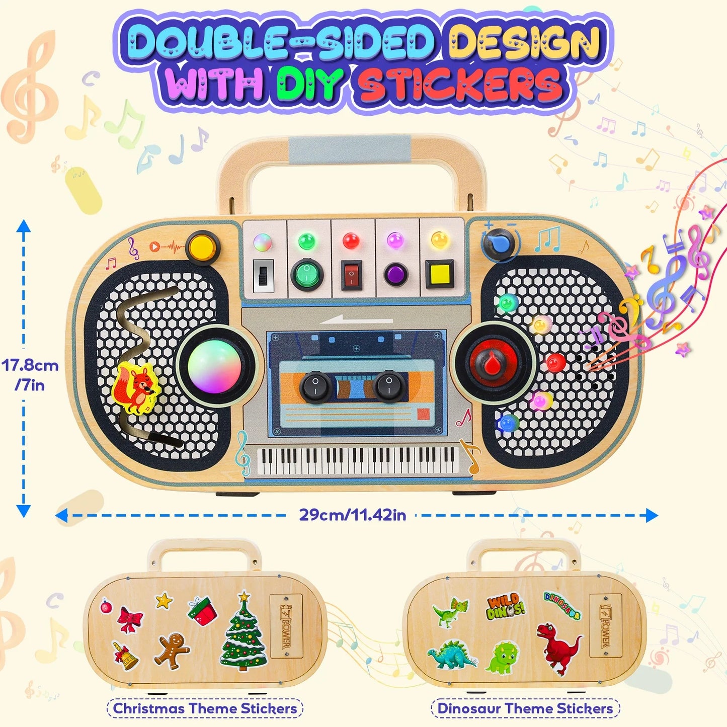 Montessori wooden busy board for toddlers with LED lights, sensory switches, music labyrinth, volume control, and DIY stickers for ages 1-4.