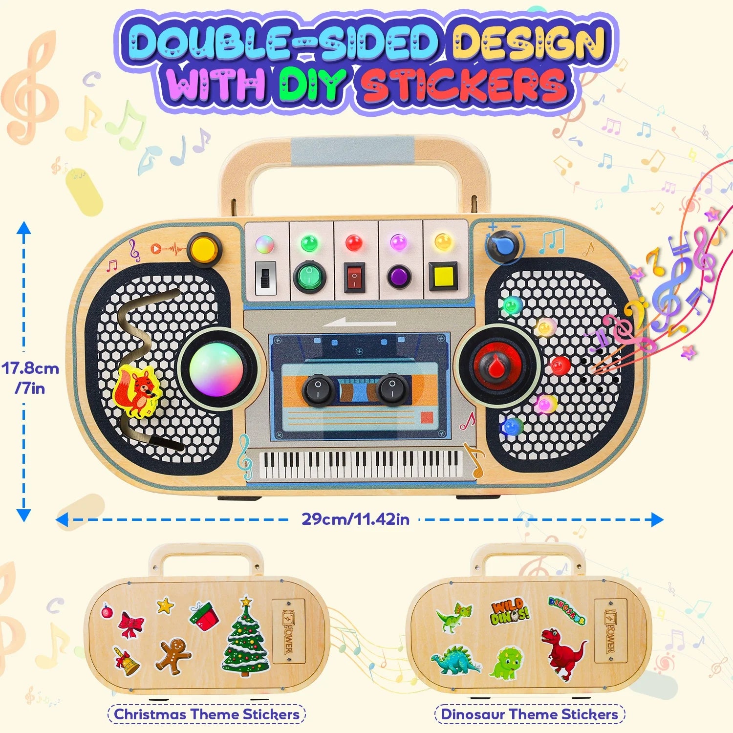 Montessori wooden busy board for toddlers with LED lights, sensory switches, music labyrinth, volume control, and DIY stickers for ages 1-4.