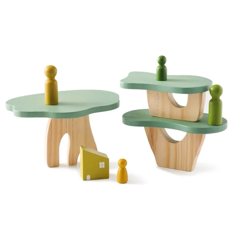 Wooden Montessori sensory stacking toys featuring forest houses and blocks for babies, ideal for early childhood education and play.