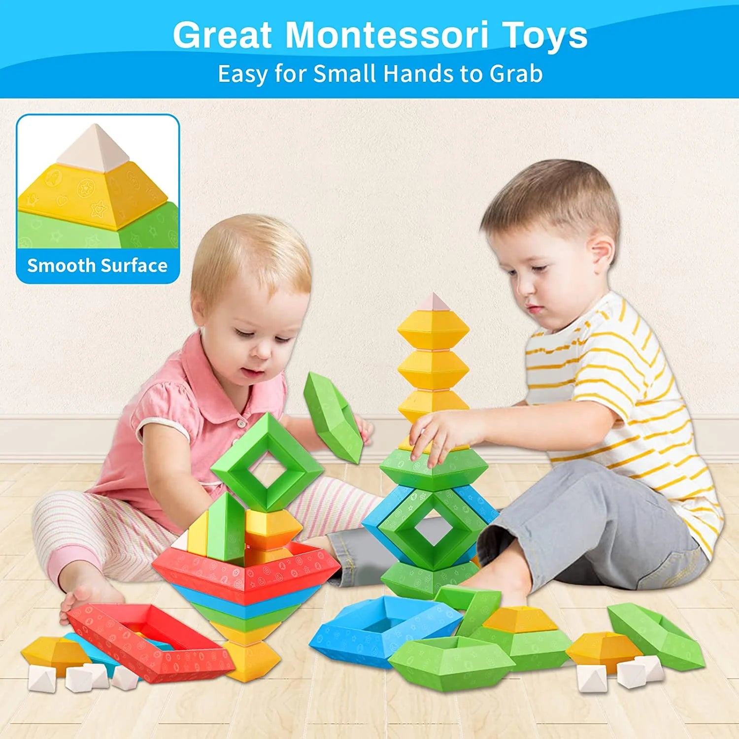 Colorful toddler stacking building blocks set by X With Love, featuring 30 Montessori-style sensory and learning toys for ages 1-3 years.